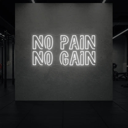  'NO PAIN NO GAIN' neon sign glowing in cool white against a styled interior wall.