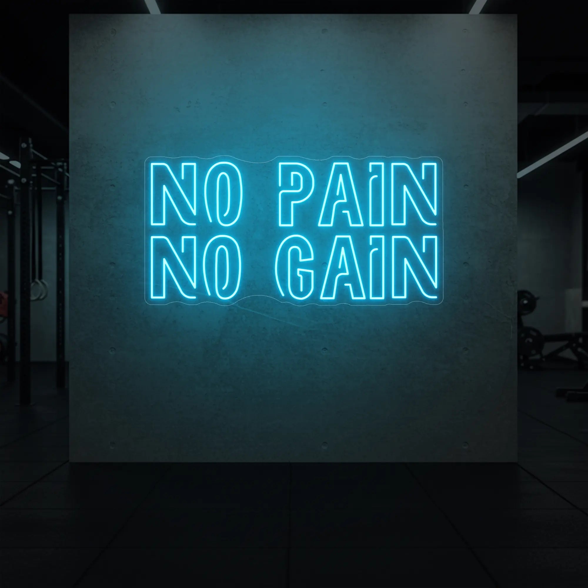  'NO PAIN NO GAIN' neon sign glowing in ice blue against a styled interior wall.