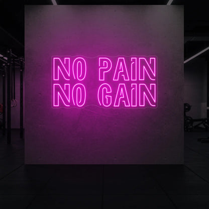 'NO PAIN NO GAIN' neon sign glowing in light pink against a styled interior wall.