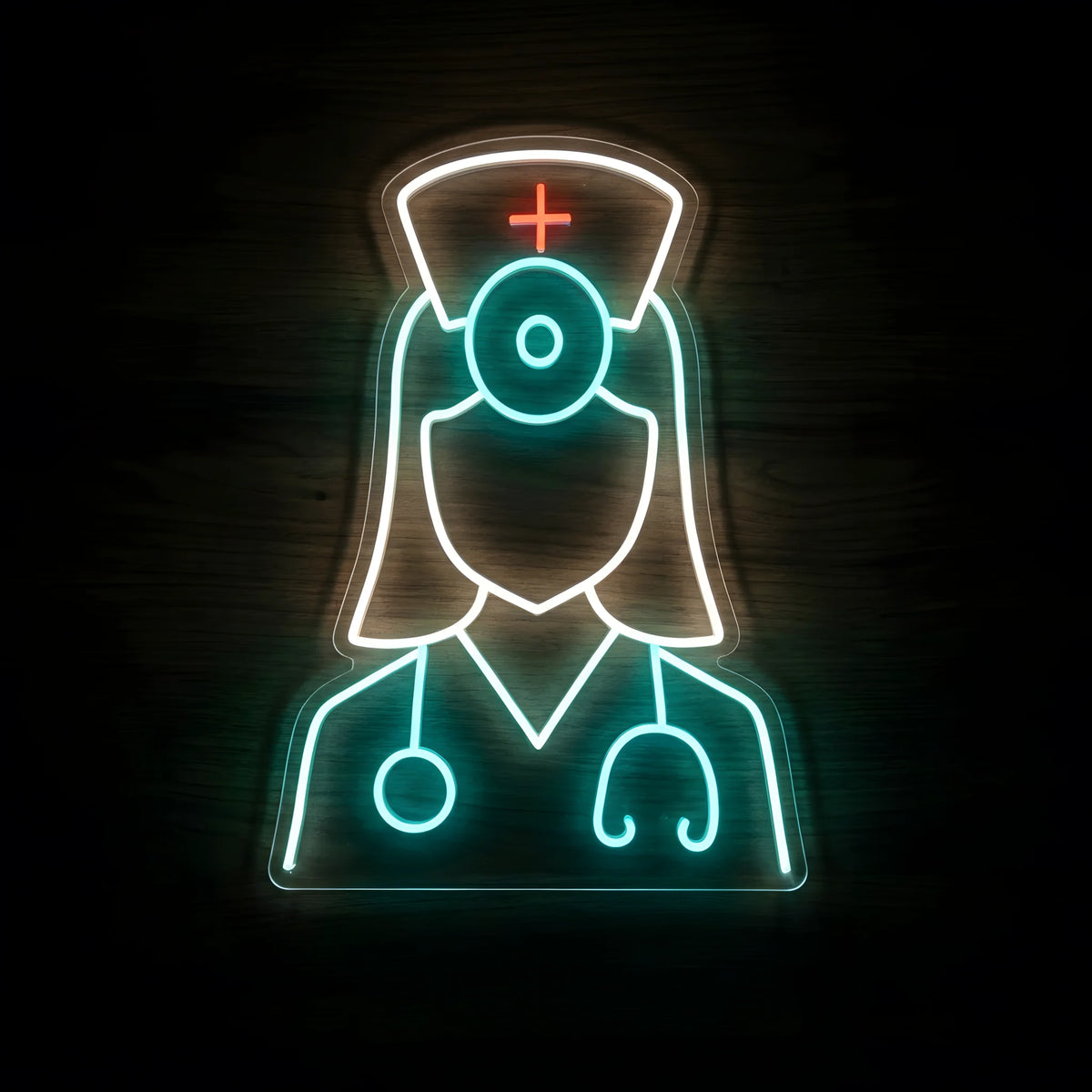 Nurse Stethoscope Outline LED Neon Sign featuring a female nurse wearing a medical cap with a red cross, face mask, and turquoise stethoscope, mounted on clear cut-to-shape acrylic against a dark wooden wall.