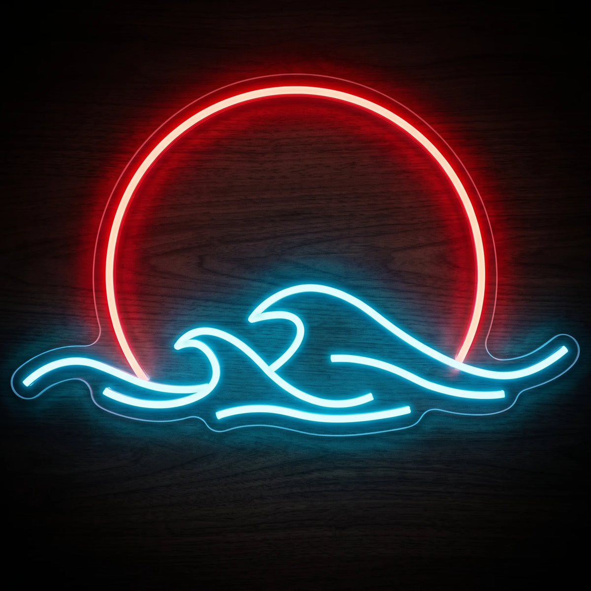 Ocean sunset LED neon sign with red-orange sun and bright blue waves on clear acrylic backing.