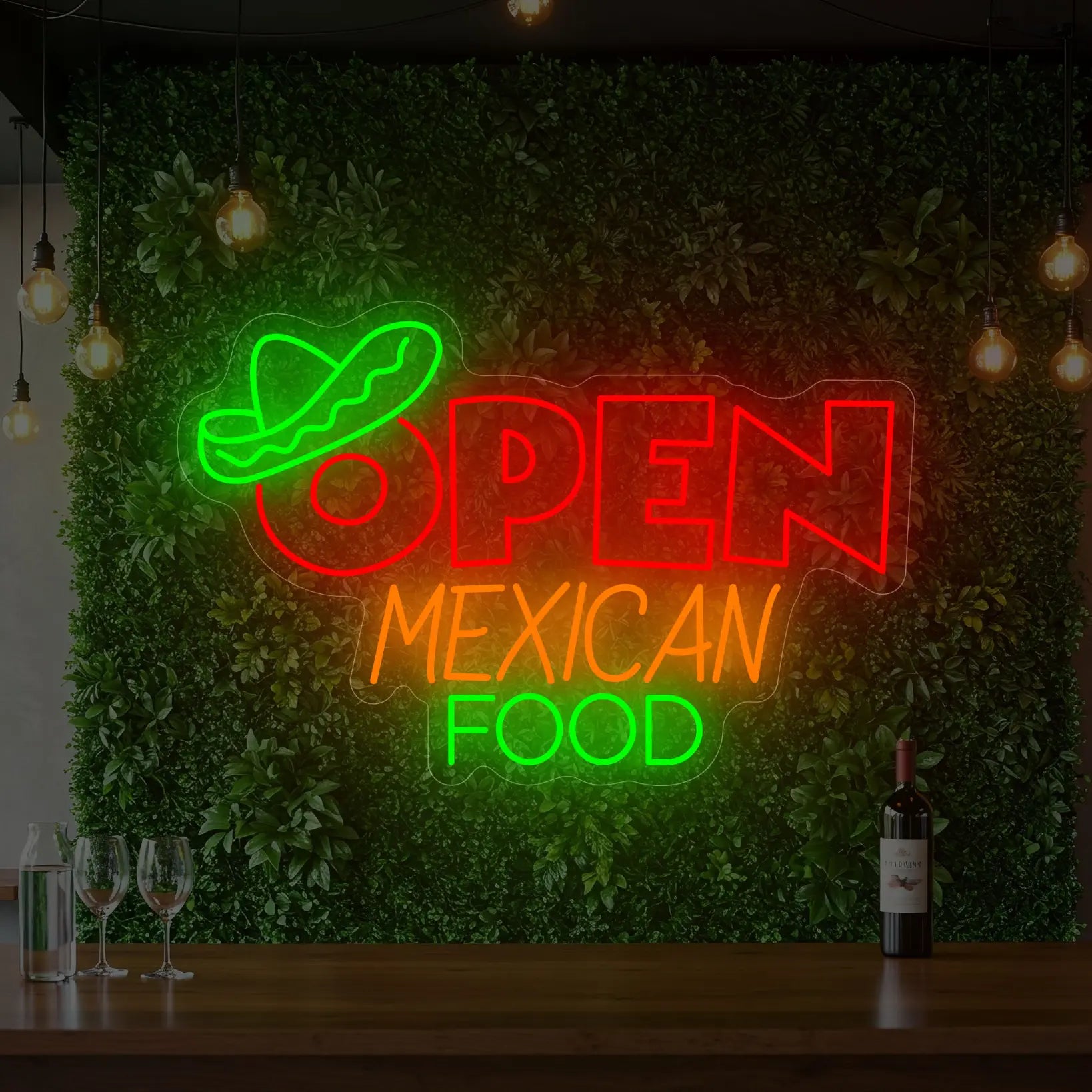 Photo of the 'OPEN MEXICAN FOOD' neon sign glowing in multi-color against a styled interior wall.