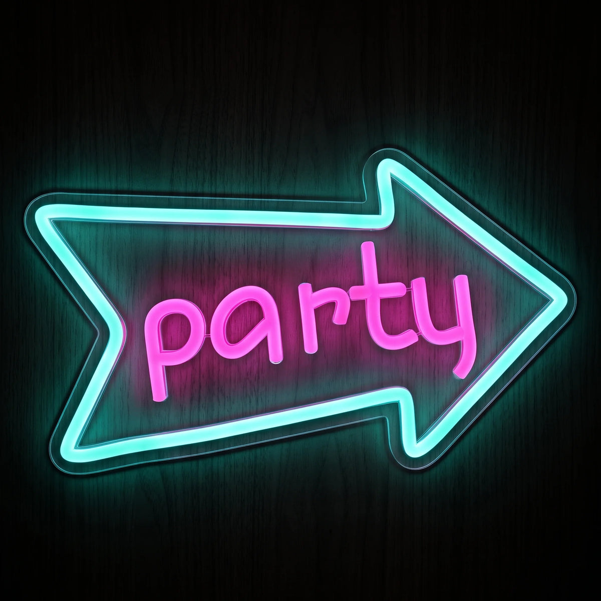 Party Arrow LED Neon Sign featuring pink party lettering inside a bright cyan right-pointing arrow.