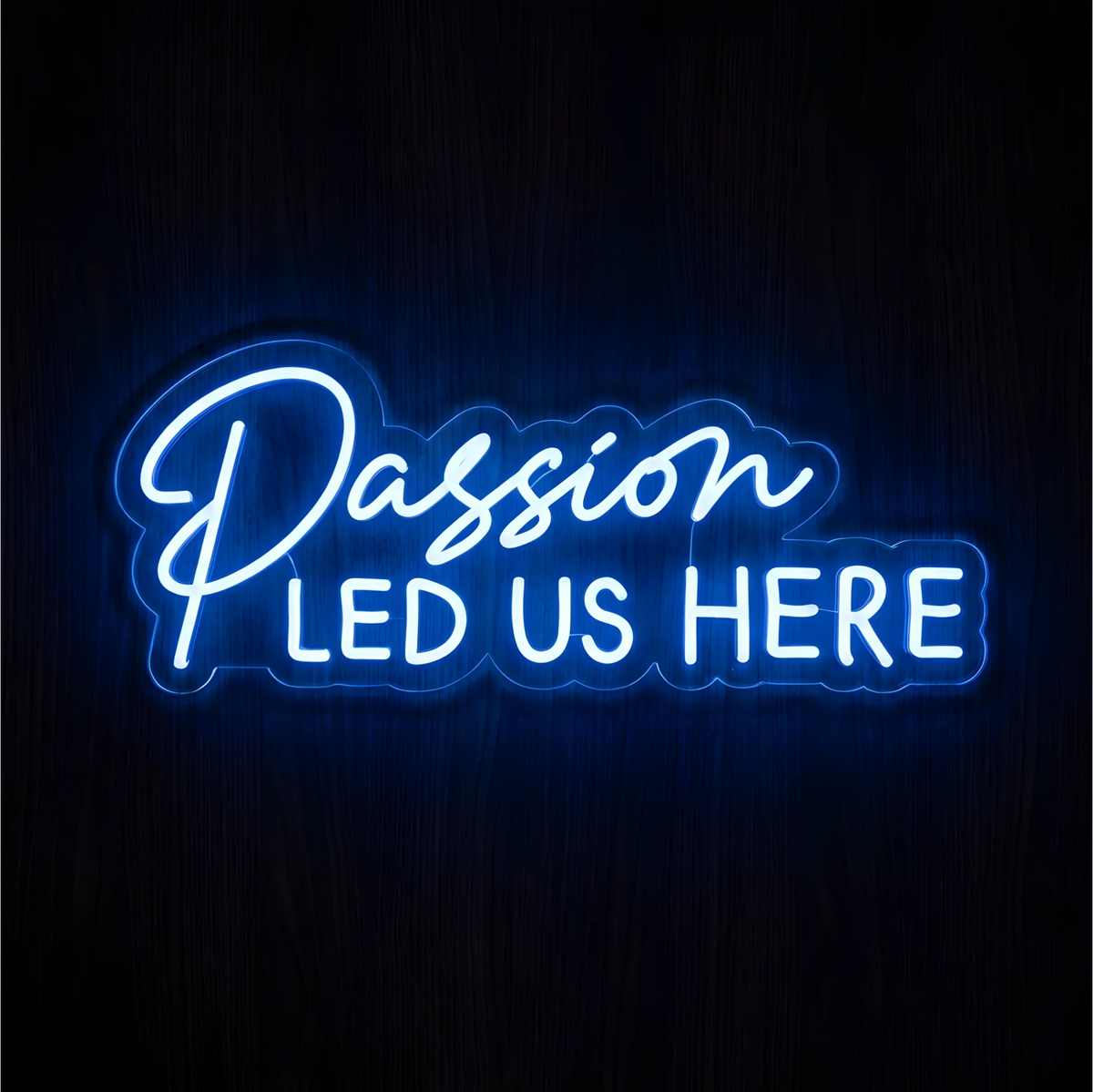 Passion Led Us Here LED Neon Sign with white script and uppercase lettering outlined in blue on clear acrylic against a dark wood background, suited to team offices and creative studios.