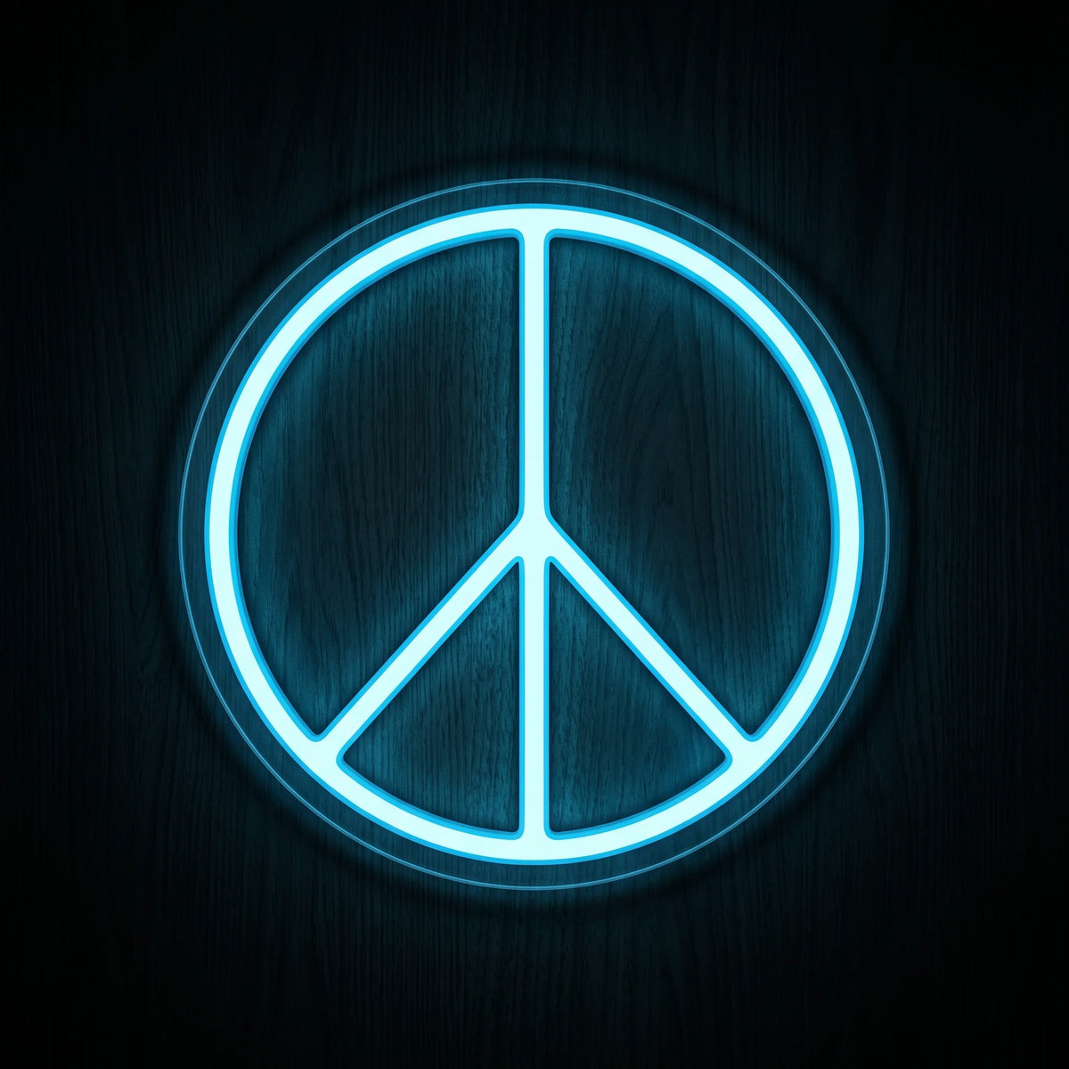 Peace Symbol LED neon sign featuring a bright ice blue peace sign on a clear circular acrylic backing.