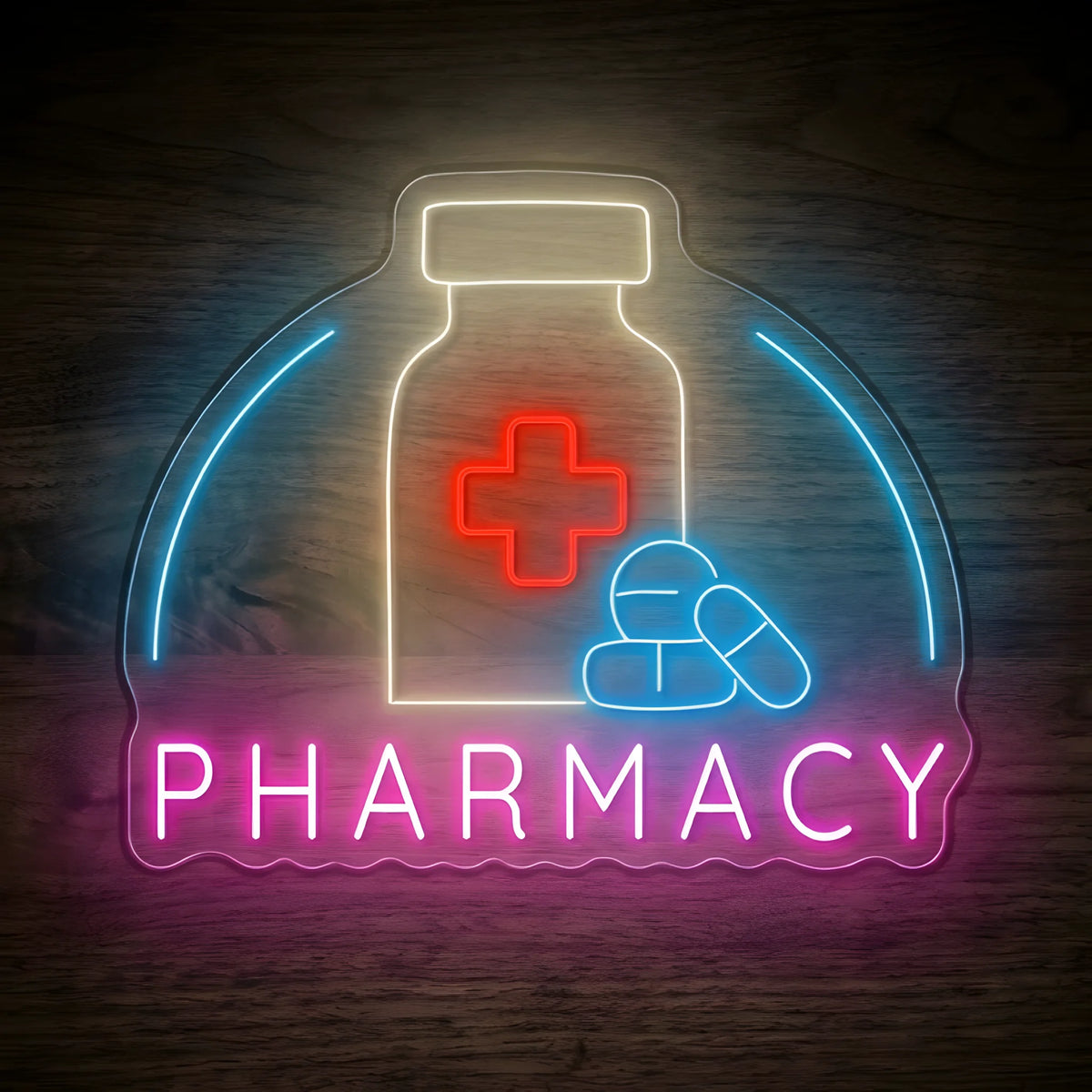 Pharmacy Medicine Bottle LED Neon Sign featuring a white medicine bottle with a red medical cross, blue capsules, curved blue accents, and glowing pink PHARMACY lettering on clear acrylic against a dark wooden wall.