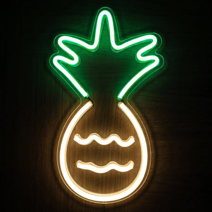 Pineapple LED Neon Sign with a warm white pineapple outline and vibrant green leafy crown on clear acrylic backing.
