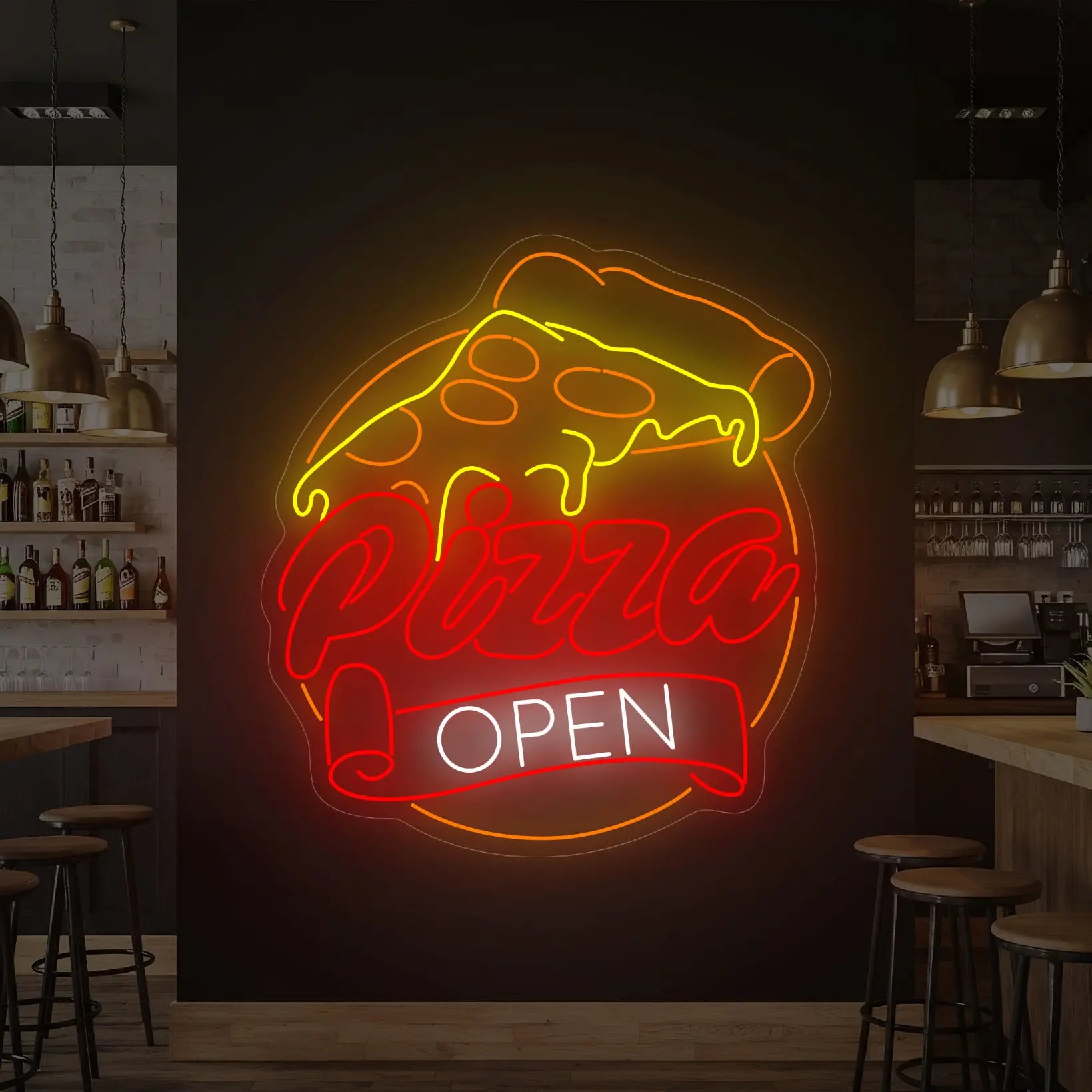 Photo of the 'PIZZA OPEN' neon sign glowing in multi-color against a styled interior wall.