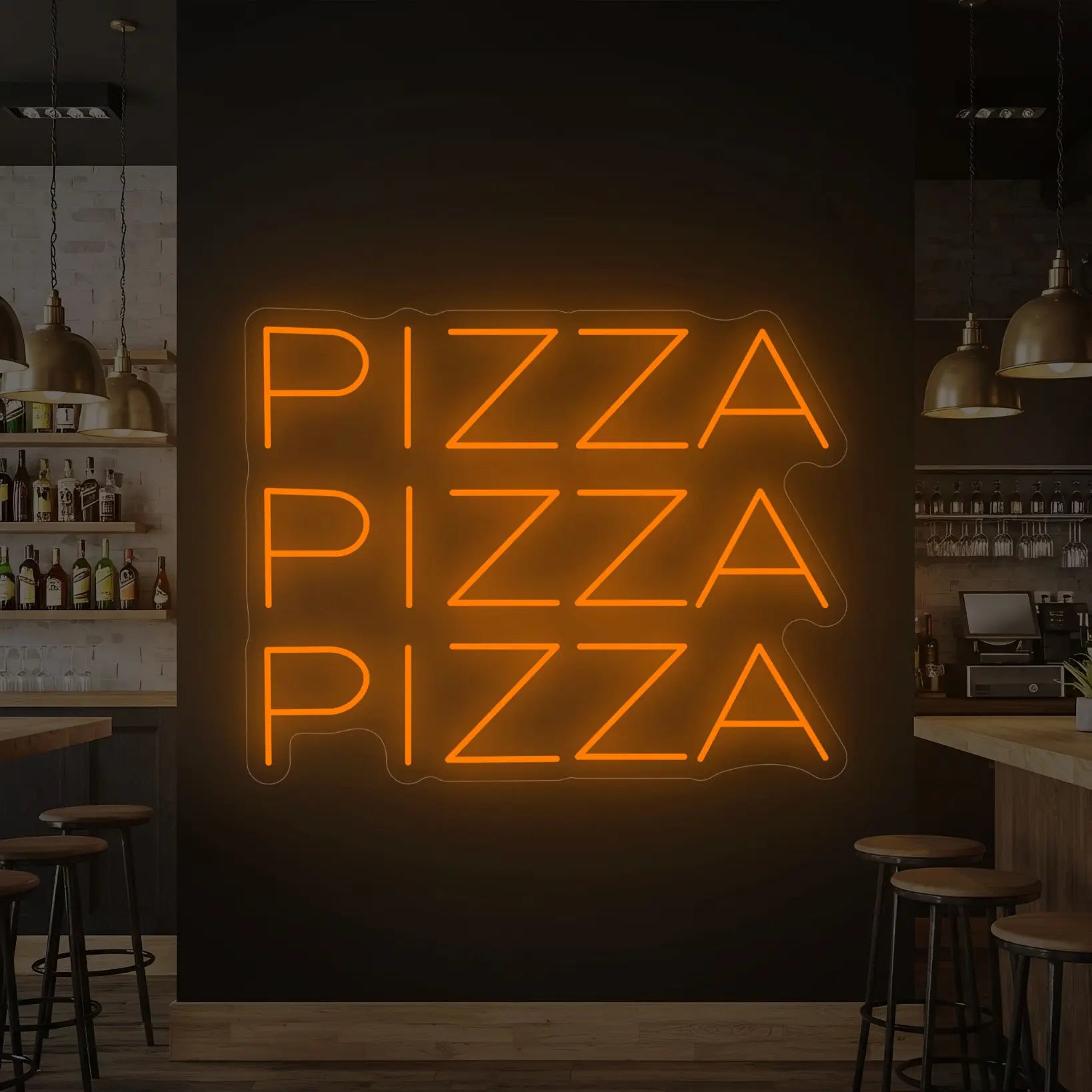 Photo of the 'PIZZA PIZZA PIZZA' neon sign glowing in golden yellow against a styled interior wall.