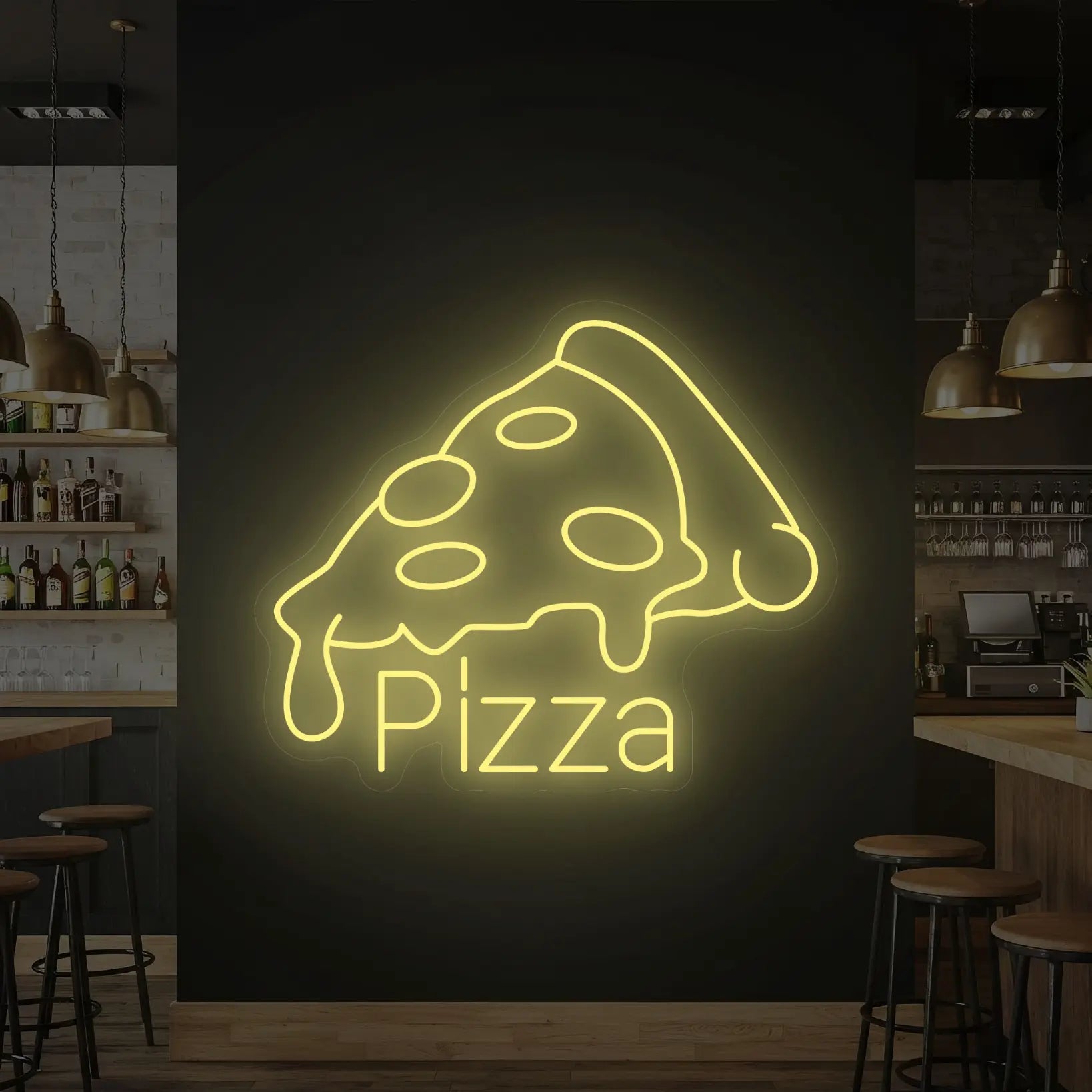 Photo of the 'PIZZA' neon sign glowing in warm white against a styled interior wall.