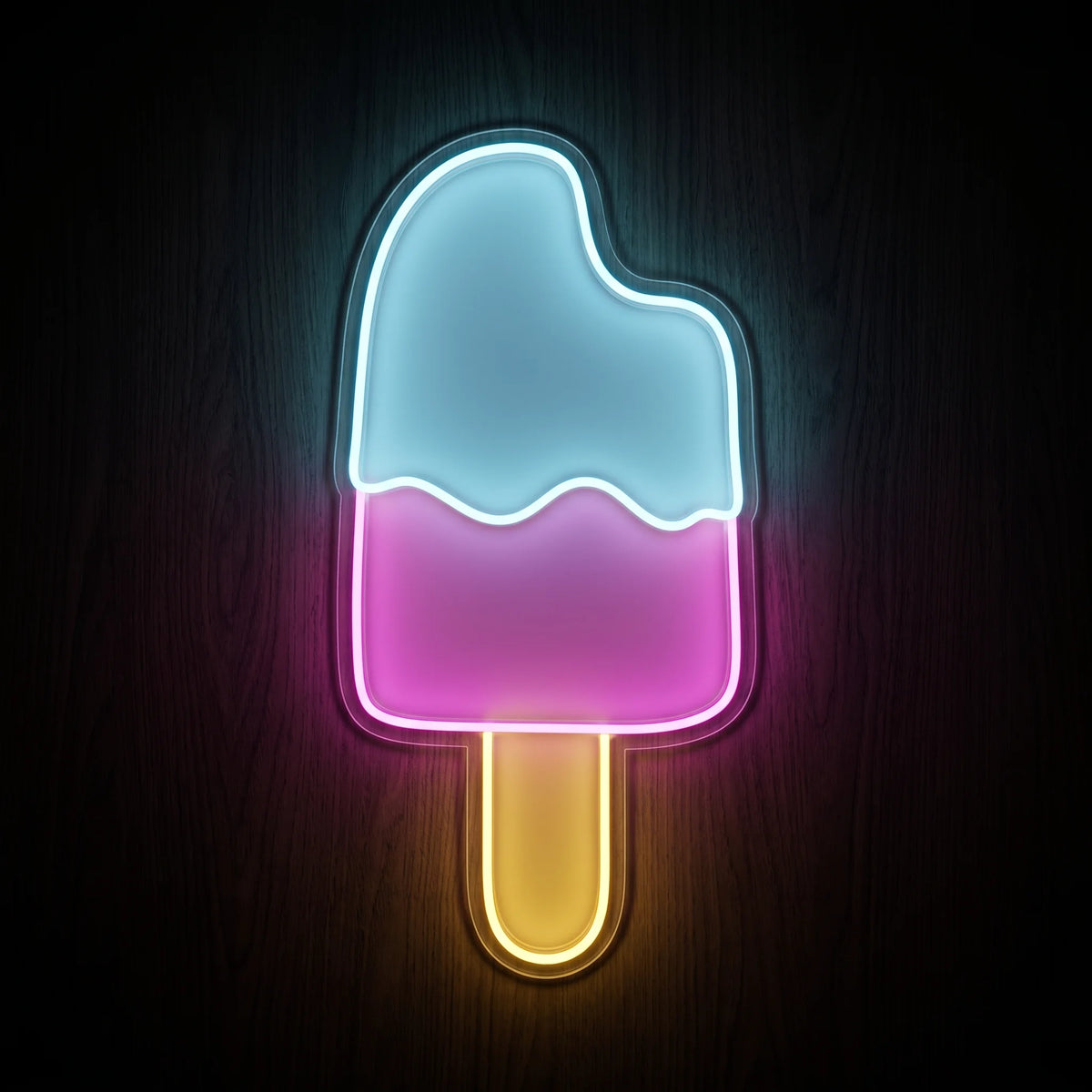 Popsicle LED Neon Sign featuring an ice blue and pink frozen treat with a warm yellow stick on clear acrylic backing.