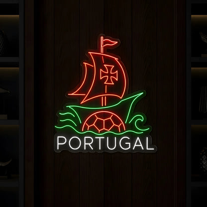 Portugal LED neon sign featuring a Portuguese caravel ship, football artwork, and illuminated Portugal lettering