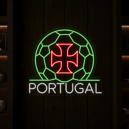 Portugal LED neon sign featuring a football crest design with an iconic Portuguese cross in red, green, and cool white illumination mounted on clear acrylic backing.
