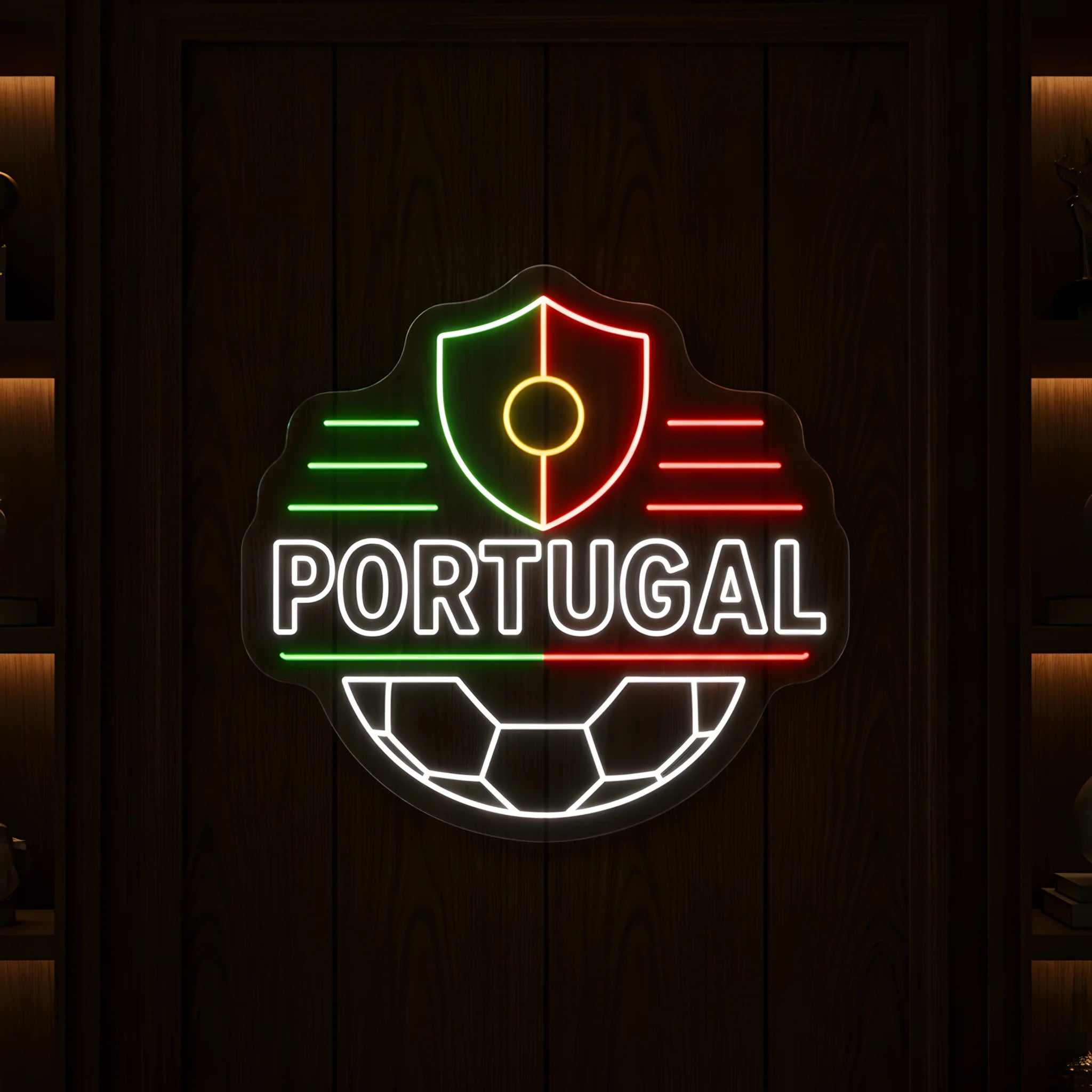 Portugal LED neon sign featuring a modern football shield crest with green and red accents, white Portugal lettering, and football-inspired details mounted on clear acrylic backing.