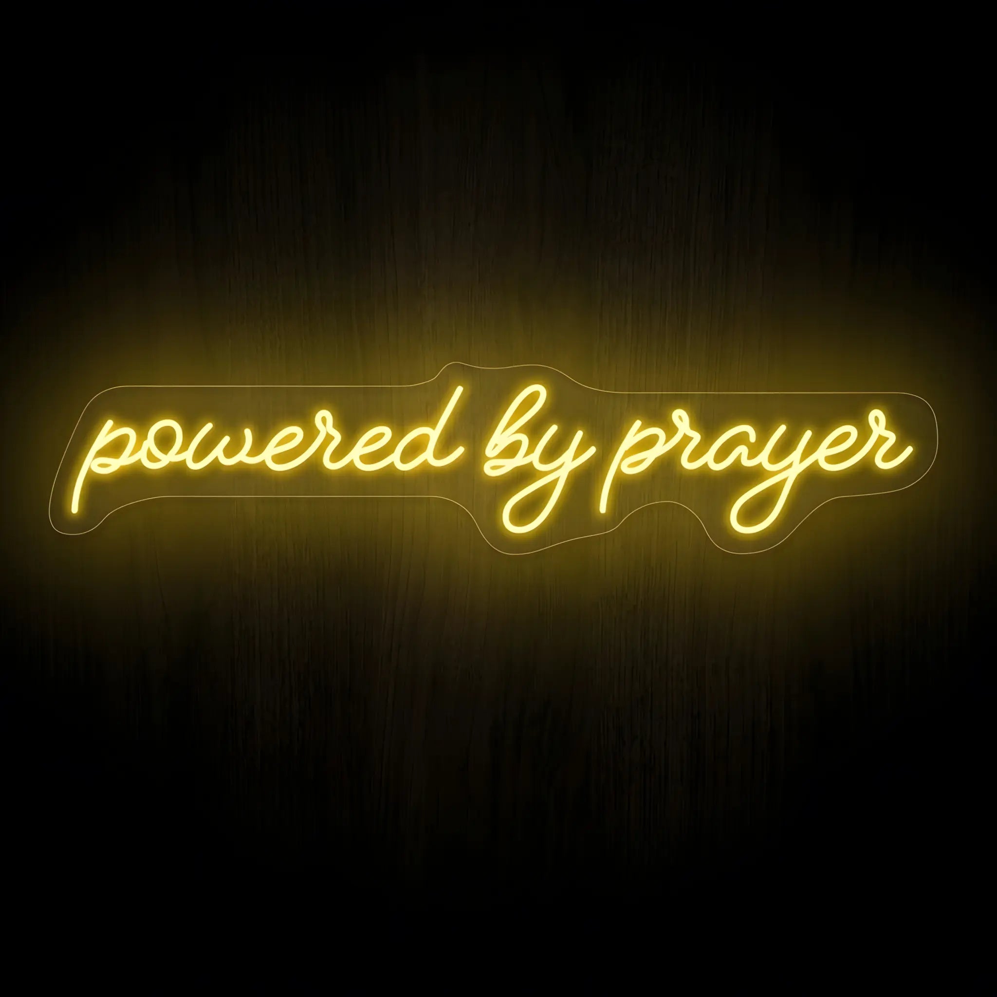 Powered by Prayer LED neon sign with warm golden illumination on precision-cut acrylic backing, Christian wall decor featuring an inspirational faith message.