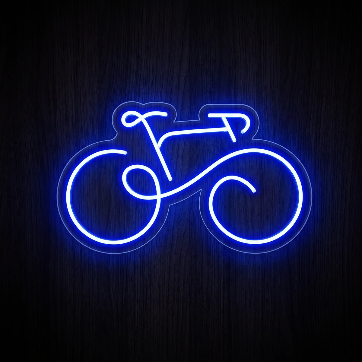 Racing bike LED neon sign with bright blue bicycle outline on clear acrylic backing.