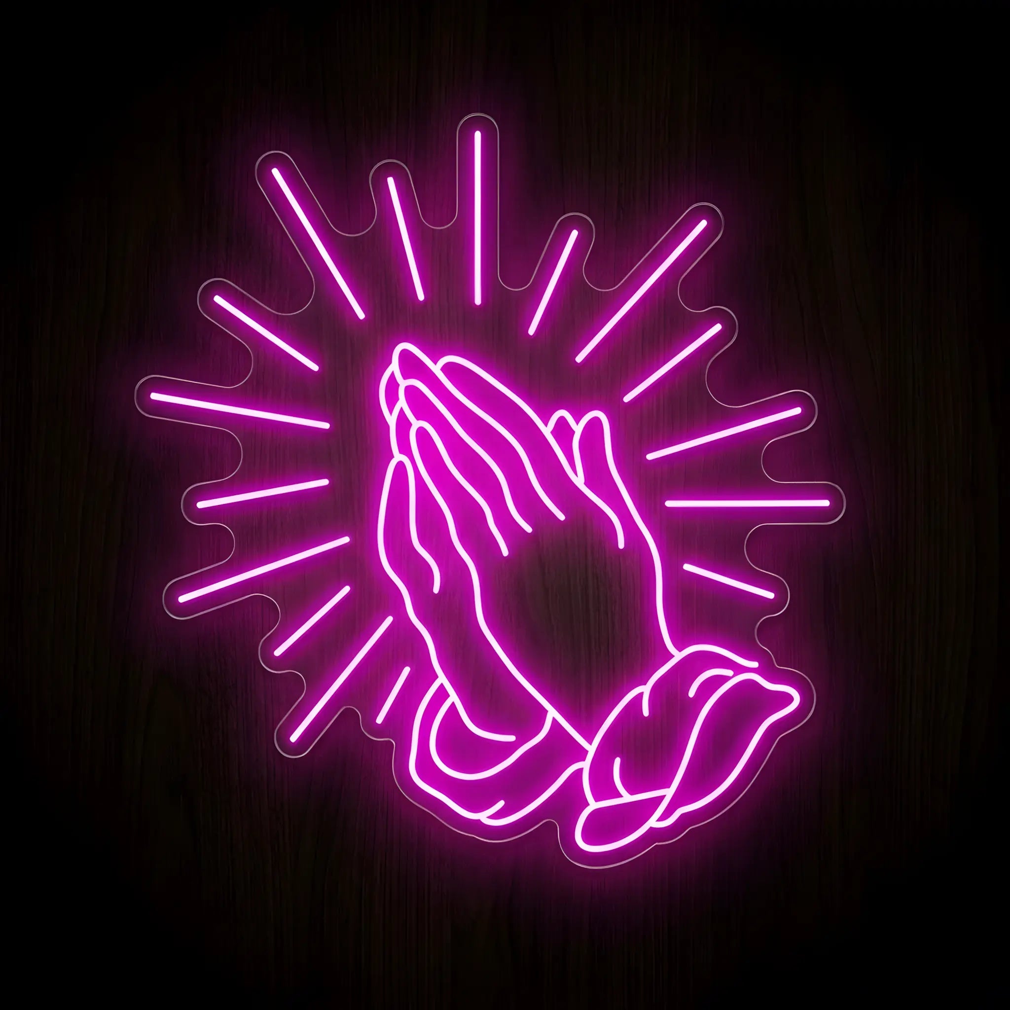Praying Hands LED neon sign featuring illuminated praying hands surrounded by radiant light beams on a precision-cut clear acrylic backing for Christian wall decor.