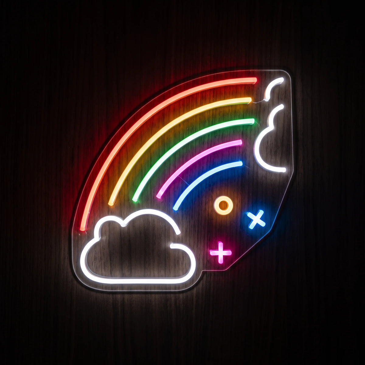 Rainbow Cloud LED neon sign featuring a colorful rainbow and white cloud design on clear acrylic backing.