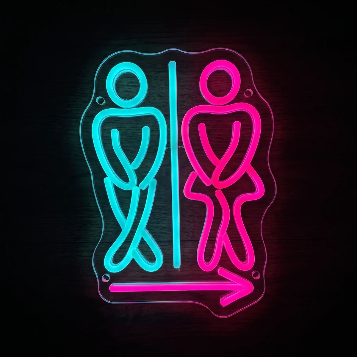Restroom Arrow LED Neon Sign featuring blue and pink restroom figures with a right-pointing directional arrow on clear acrylic backing.