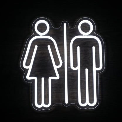 Restroom Icons LED Neon Sign featuring white male and female restroom symbols separated by a vertical line on clear acrylic backing.
