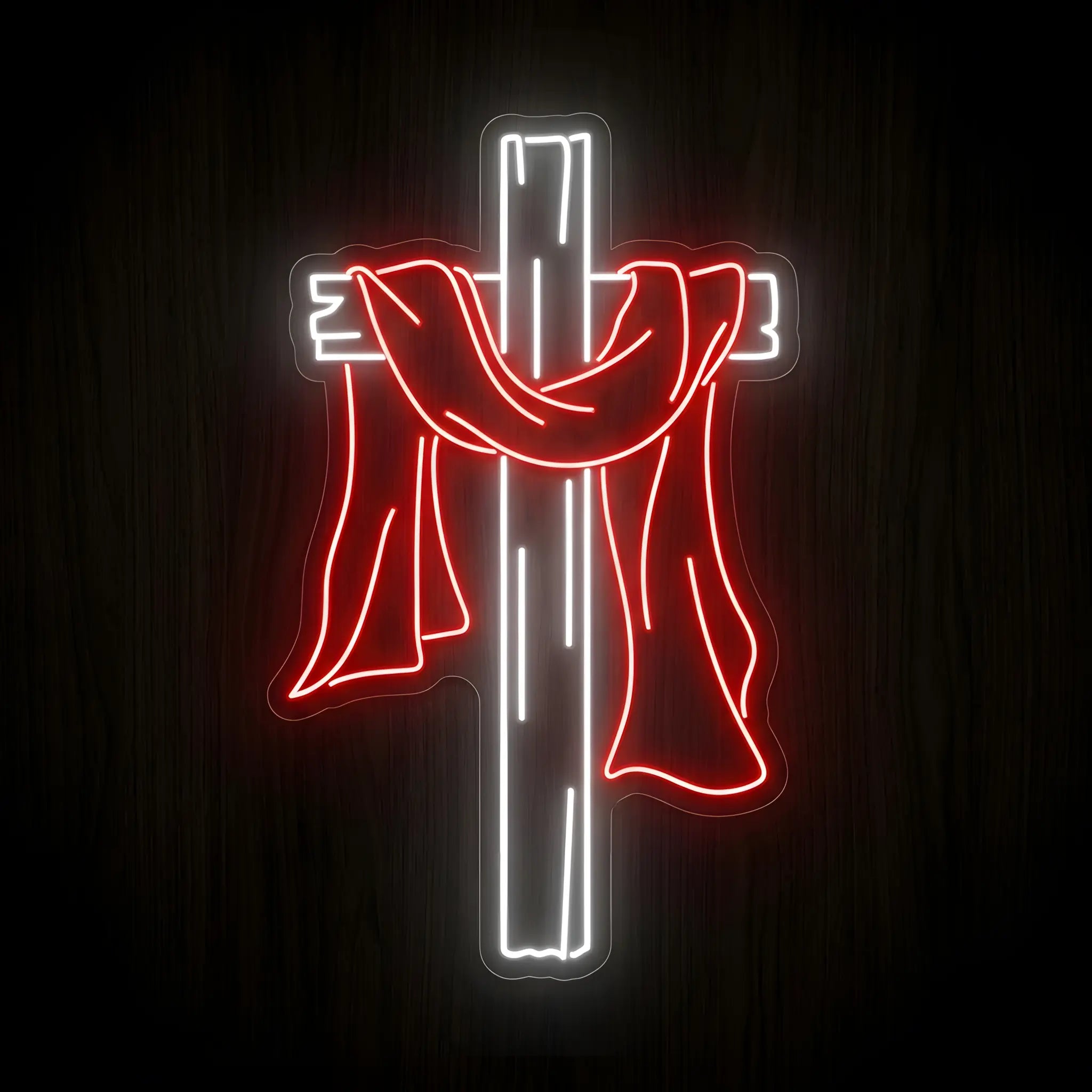 Draped Cross LED neon sign featuring a white Christian cross with a red draped cloth on a precision-cut clear acrylic backing for inspirational Christian wall decor.
