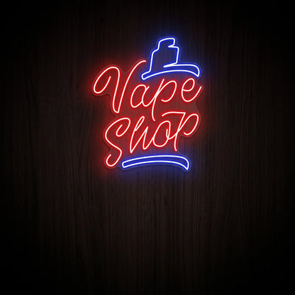 Retro Vape Shop LED neon sign featuring red script lettering with blue vape device accents mounted on a precision-cut clear acrylic backing.