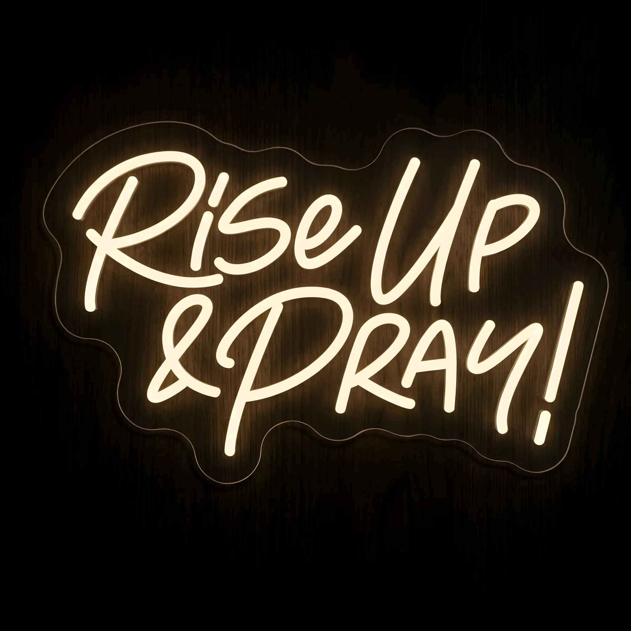 Rise Up & Pray warm white LED neon sign on clear acrylic backing for Christian prayer room wall decor.