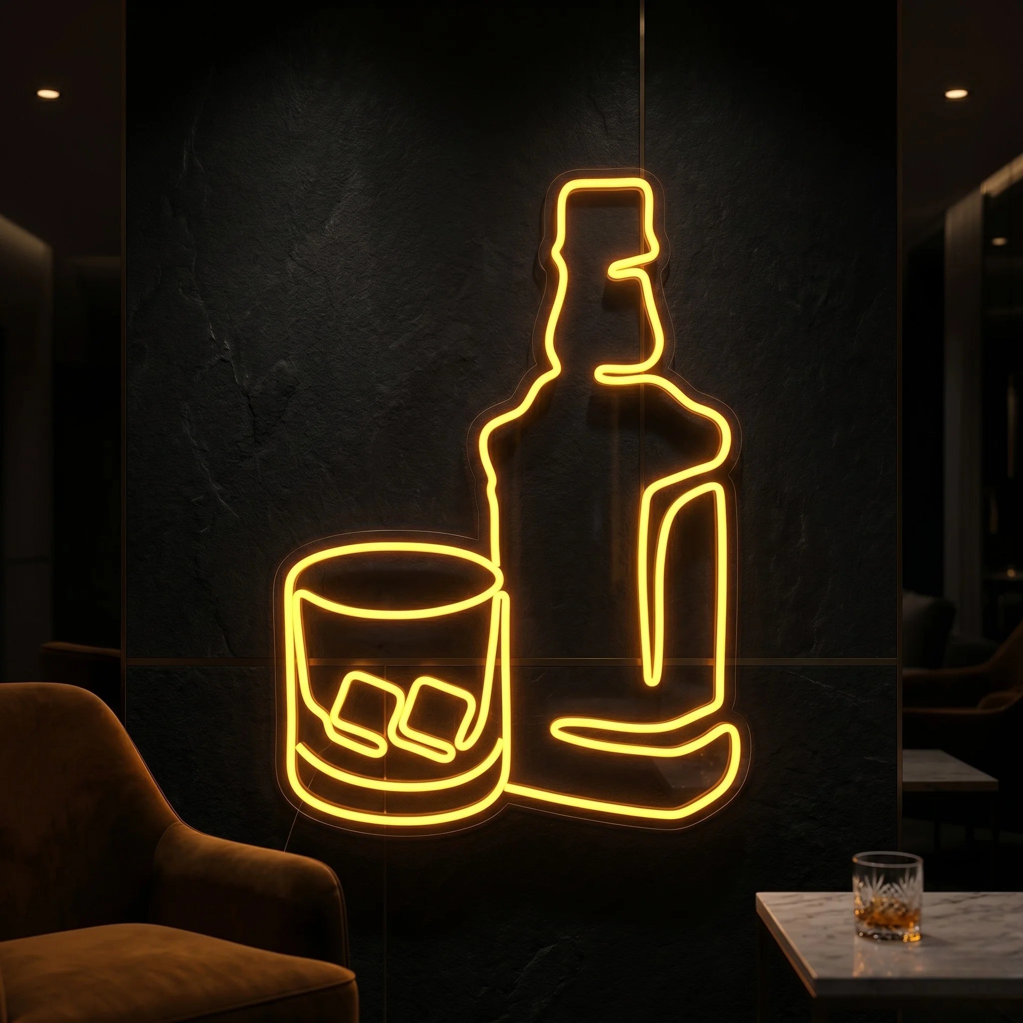 Photo of the 'Rum Bottle and Glass' neon sign glowing in yellow against a tropical bar-inspired wall.