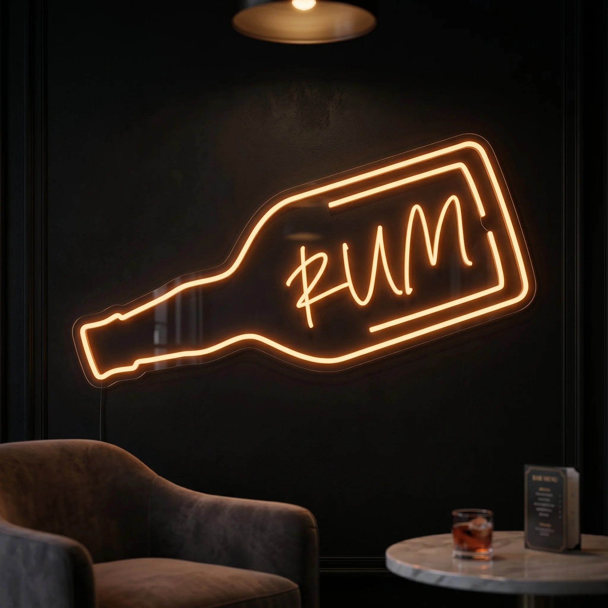 Photo of the 'Rum Bottle' neon sign glowing in orange against a bar-inspired wall.