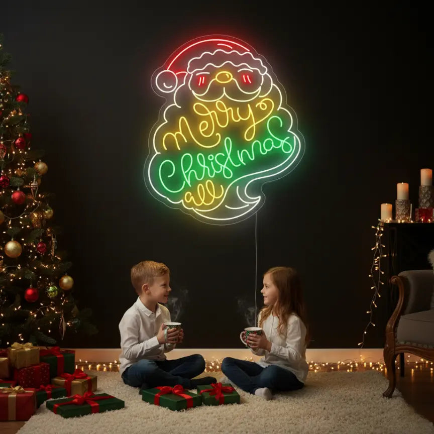 Photo of the 'Santa Merry Christmas' neon sign glowing in multicolor against a styled interior wall.