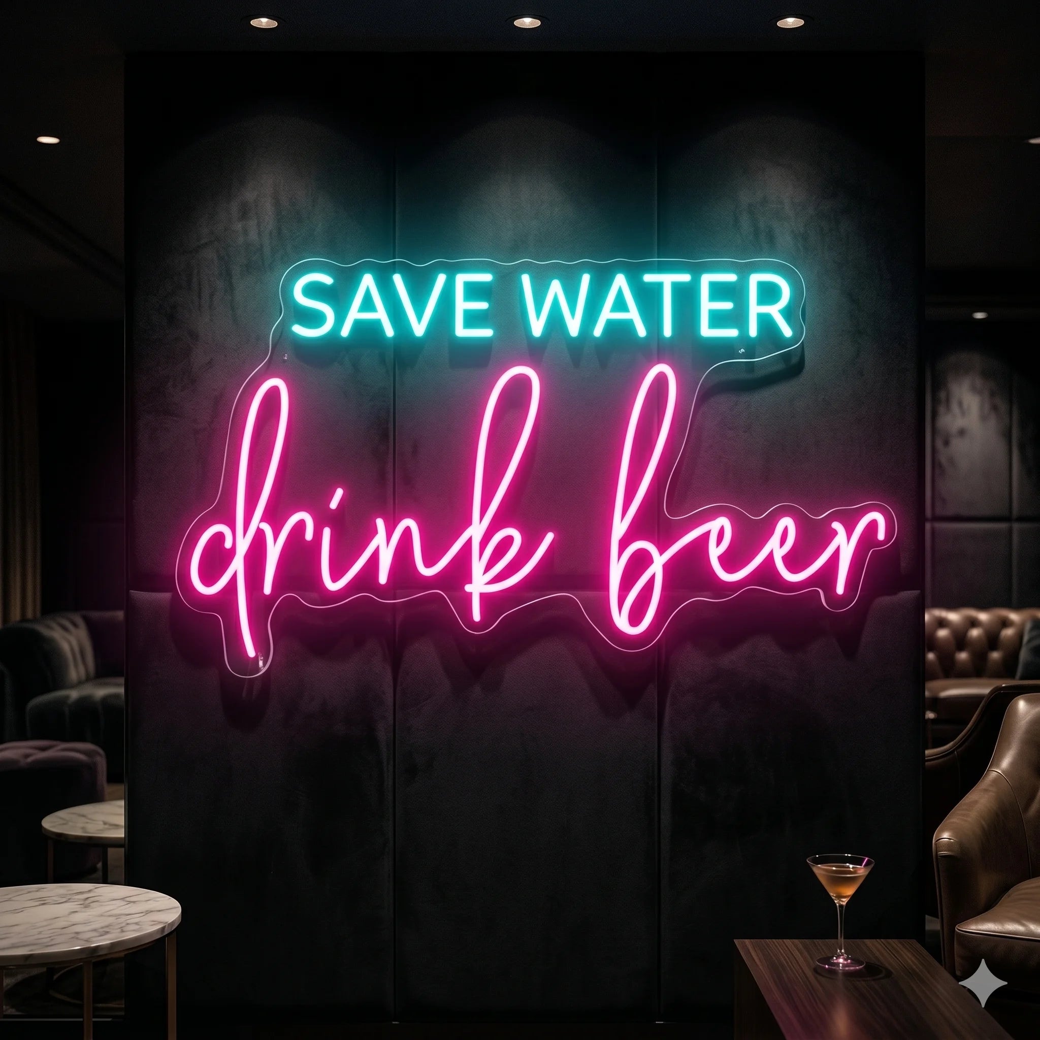 Photo of the 'Save Water Drink Beer' neon sign glowing in multi-color against a pub-inspired interior wall.