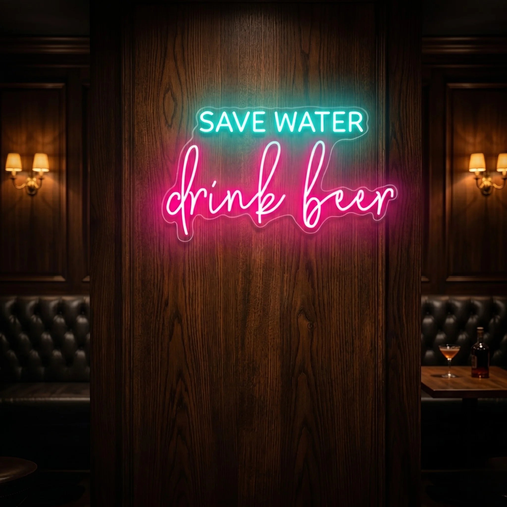 Photo of the 'Save Water Drink Beer' neon sign glowing in multi-color against a pub-inspired interior wall.