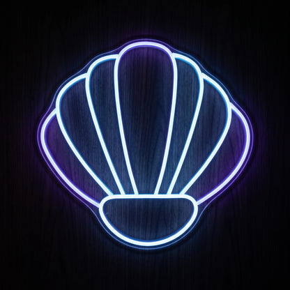 Seashell LED neon sign featuring a fan-shaped shell outline glowing in cool white on clear acrylic backing.