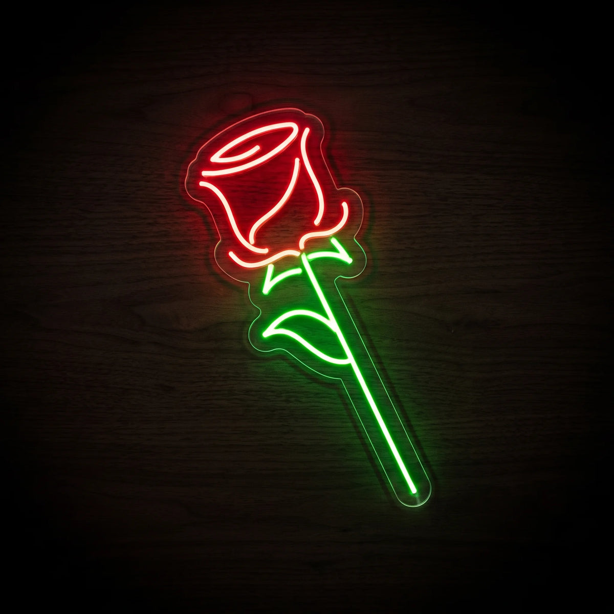 Single Rose LED Neon Sign featuring a glowing red rose bloom with a bright green stem and leaves on clear acrylic backing.