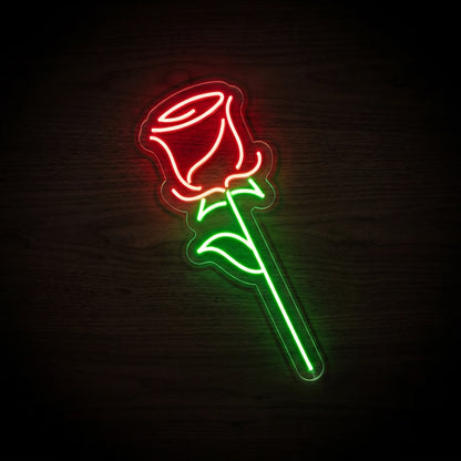 Single Rose LED Neon Sign featuring a glowing red rose bloom with a bright green stem and leaves on clear acrylic backing.