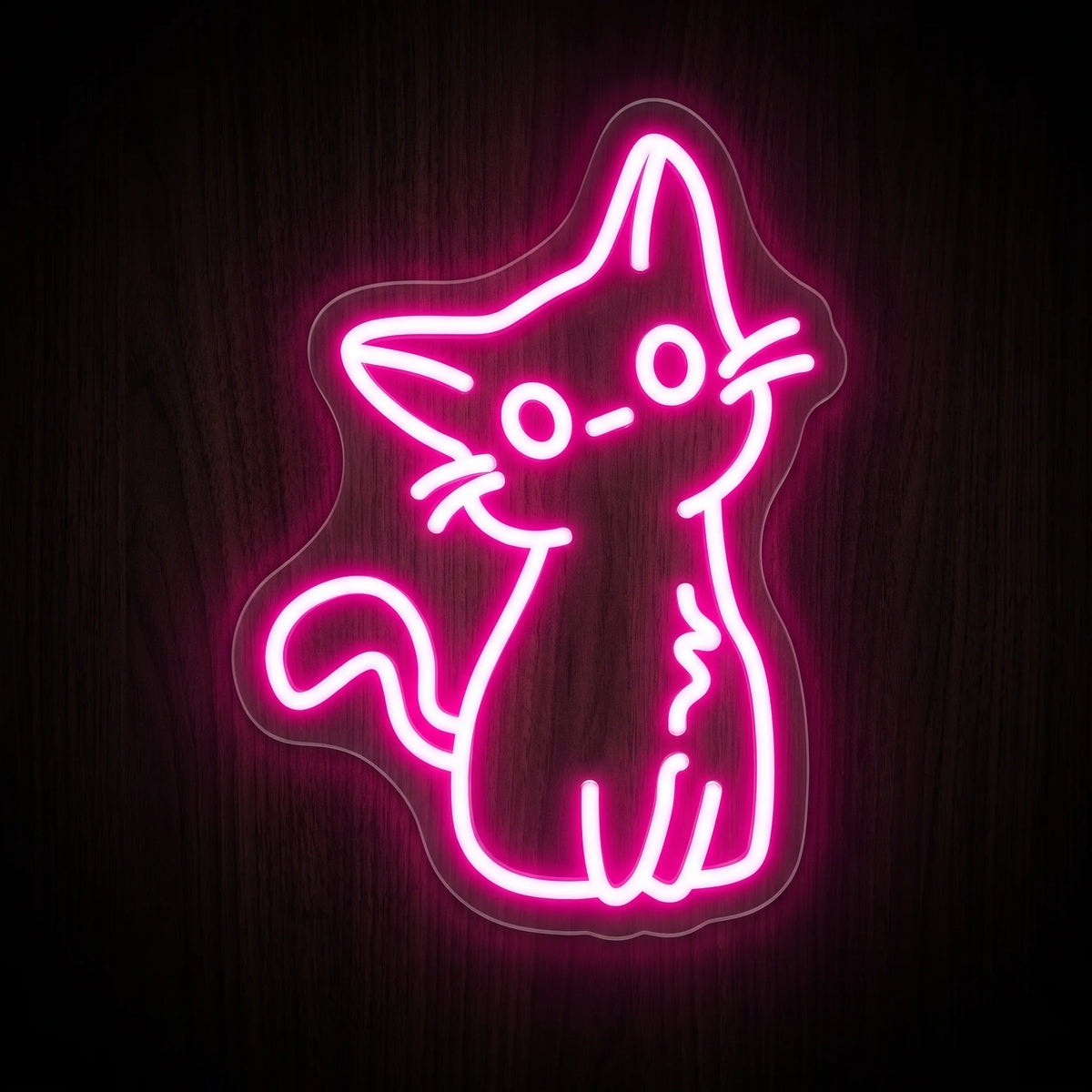 Sitting Kitty LED Neon Sign featuring a cute seated cat outline with whiskers and a curled tail in bright pink neon.