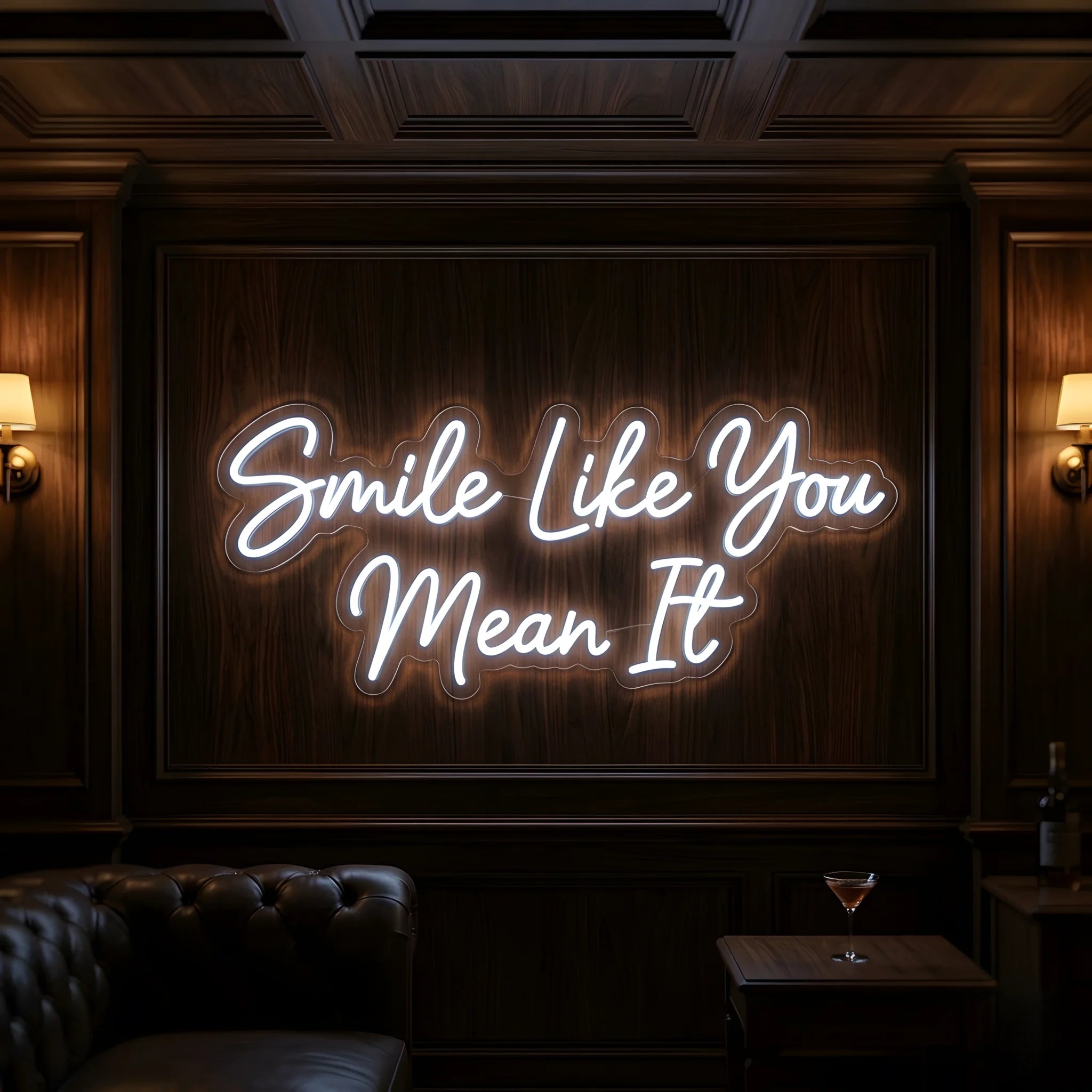 Photo of the 'Smile Like You Mean It' neon sign glowing in cool white against a cozy modern interior wall.
