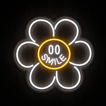 Smile Daisy Flower LED neon sign with white flower petals, yellow center and SMILE happy face design on clear acrylic backing.
