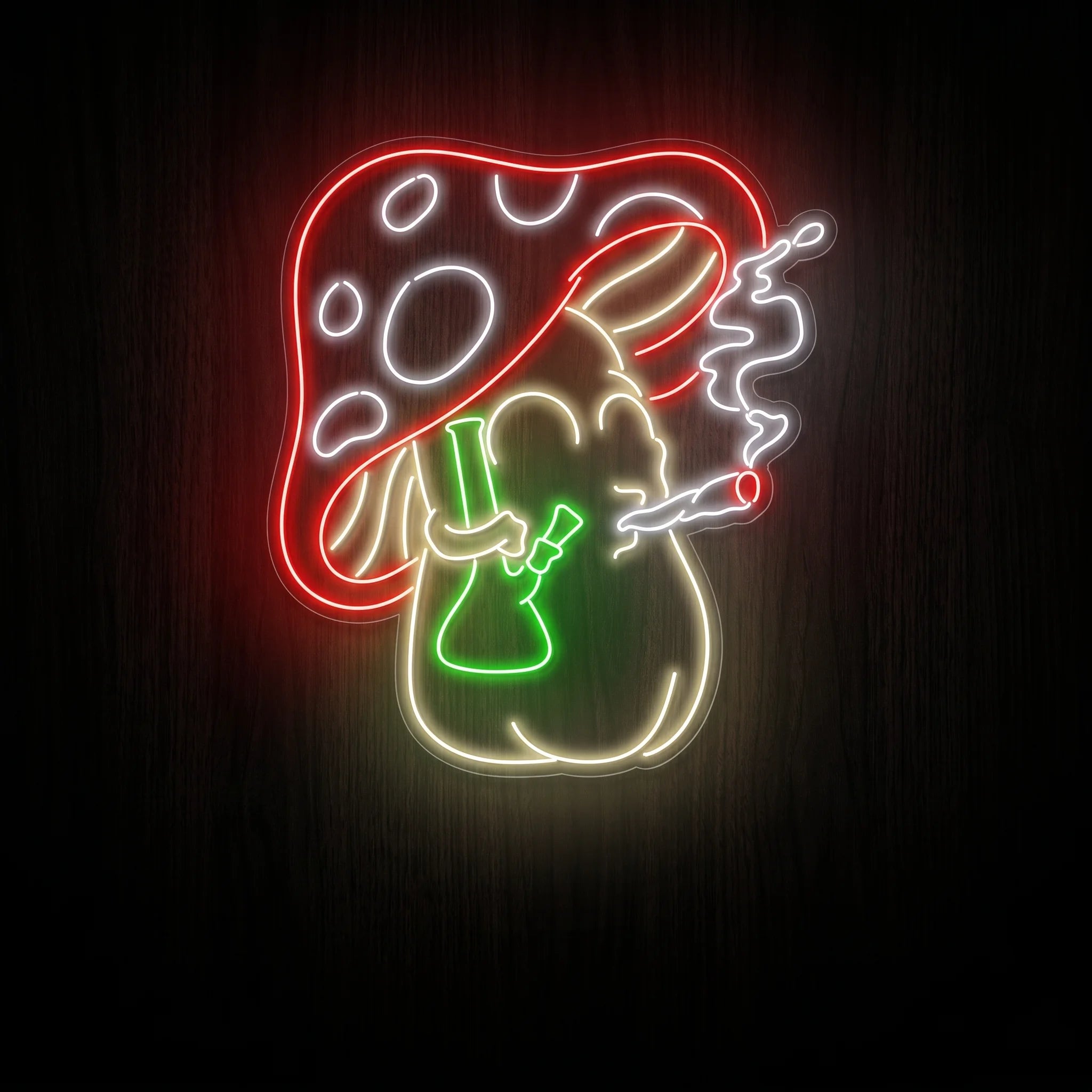 Smoking mushroom character LED neon sign on clear acrylic backing with red, green, warm white, and white illumination for recreational wall décor.