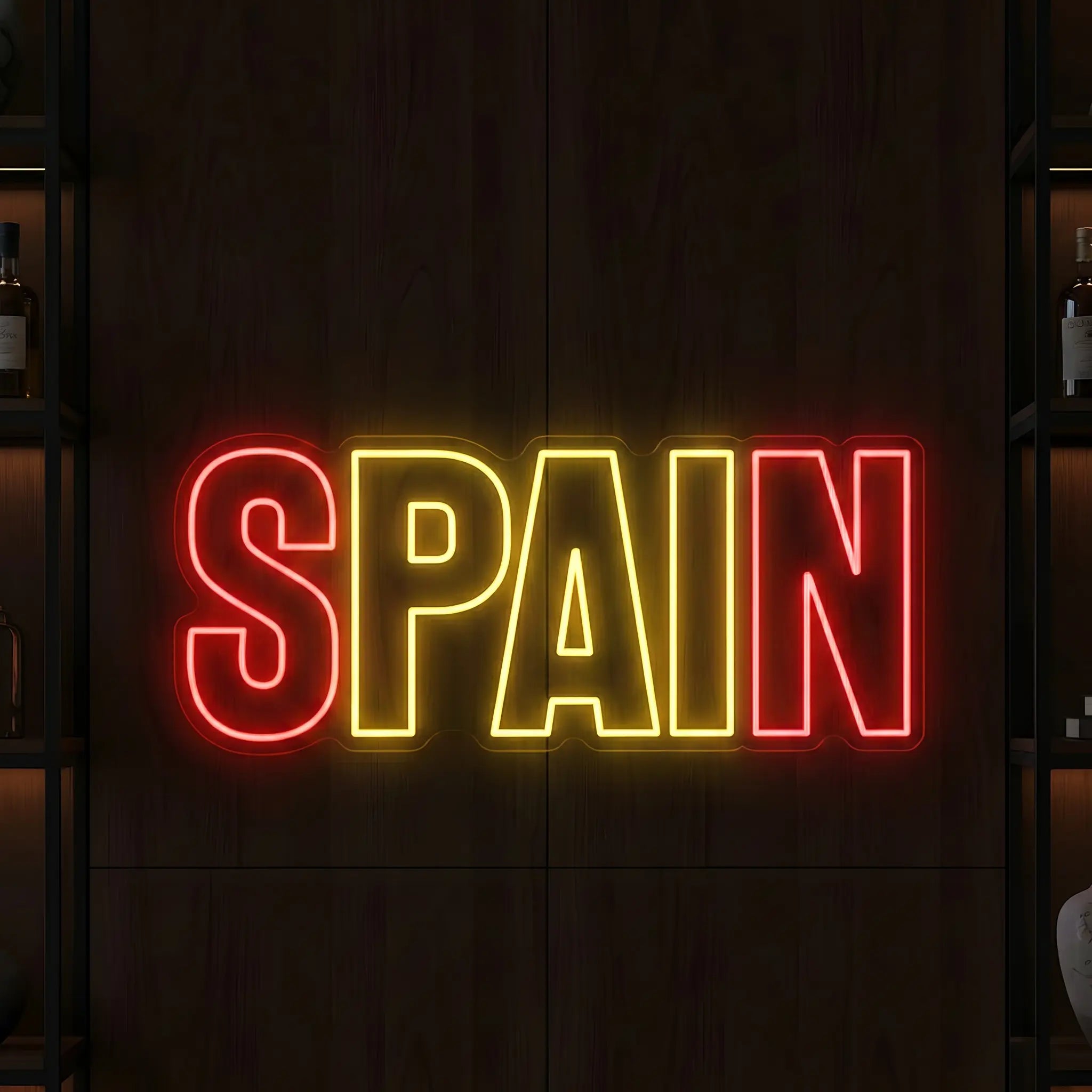 Spain wordmark LED neon sign featuring red and yellow illuminated lettering
