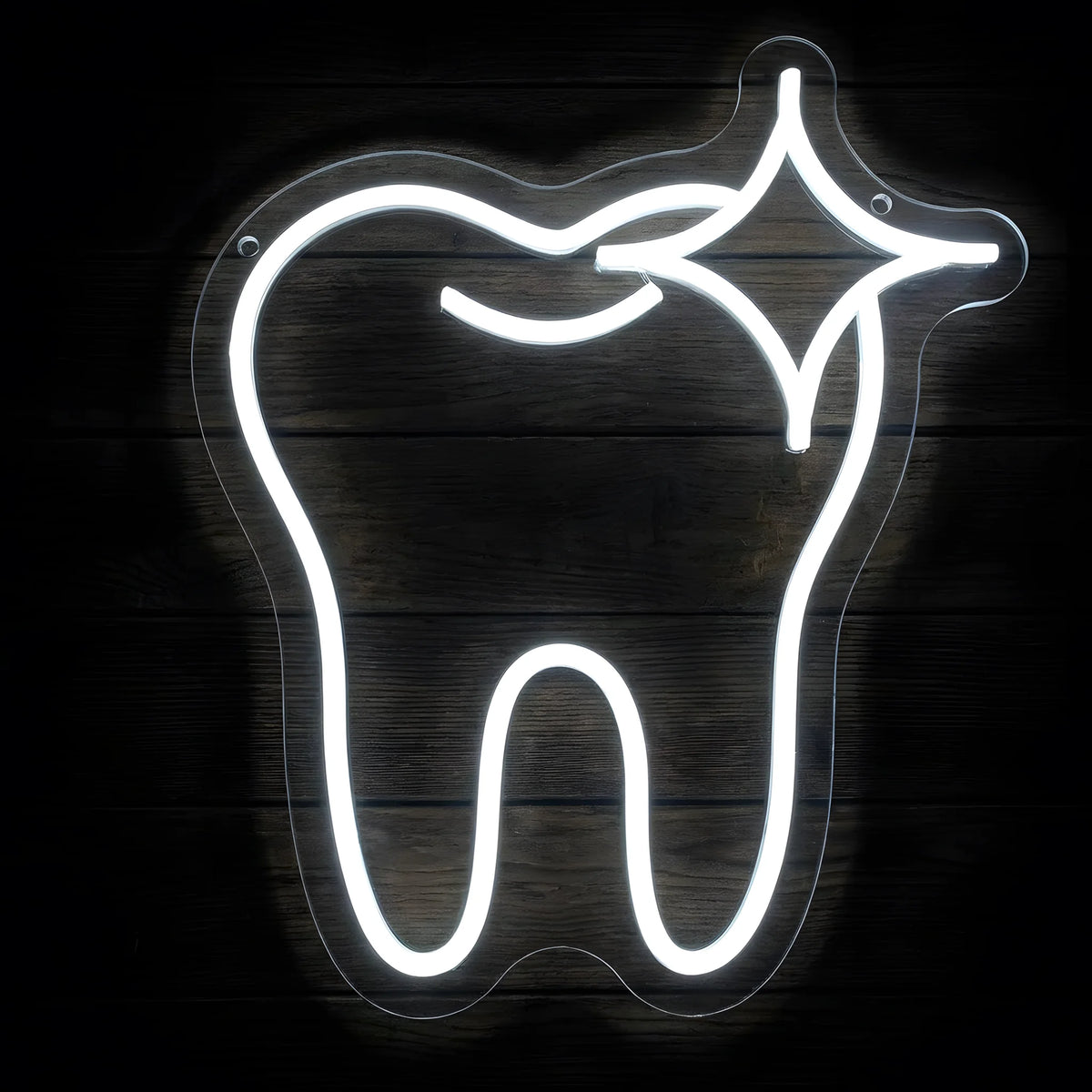 Sparkling White Tooth LED neon sign featuring a bright cool white tooth outline with a sparkling star accent on clear acrylic backing for dental clinic and cosmetic dentistry wall decor.