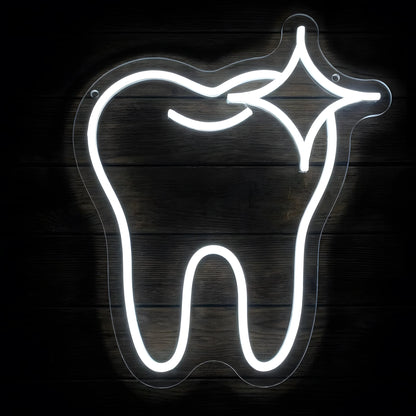 Sparkling White Tooth LED neon sign featuring a bright cool white tooth outline with a sparkling star accent on clear acrylic backing for dental clinic and cosmetic dentistry wall decor.