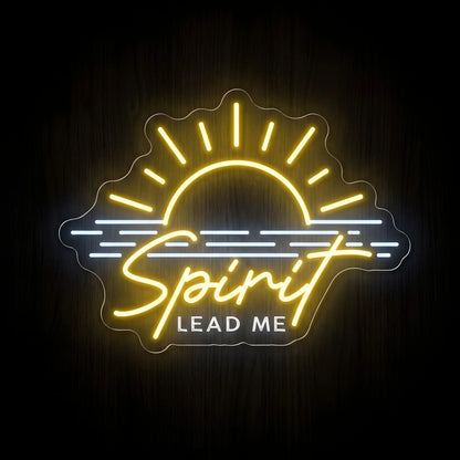 Spirit Lead Me LED neon sign featuring a sunrise over water on precision-cut acrylic backing with warm yellow and cool white illumination for Christian wall decor.