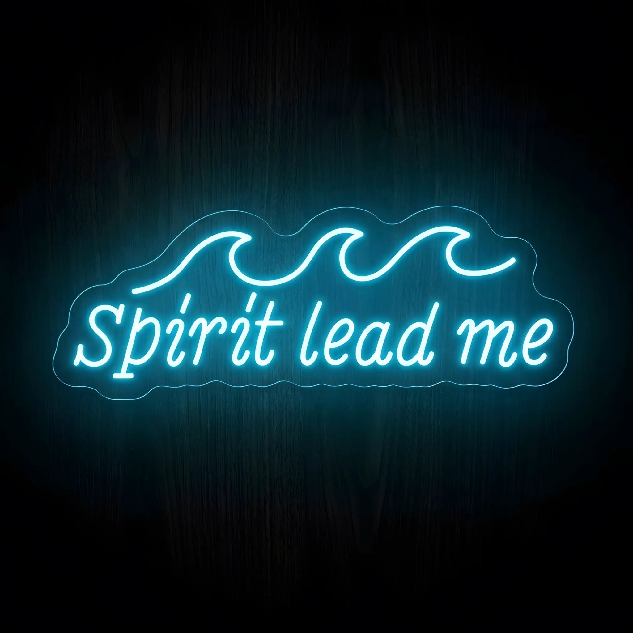 Spirit Lead Me blue LED neon sign with ocean wave design on clear acrylic backing for Christian faith wall decor.
