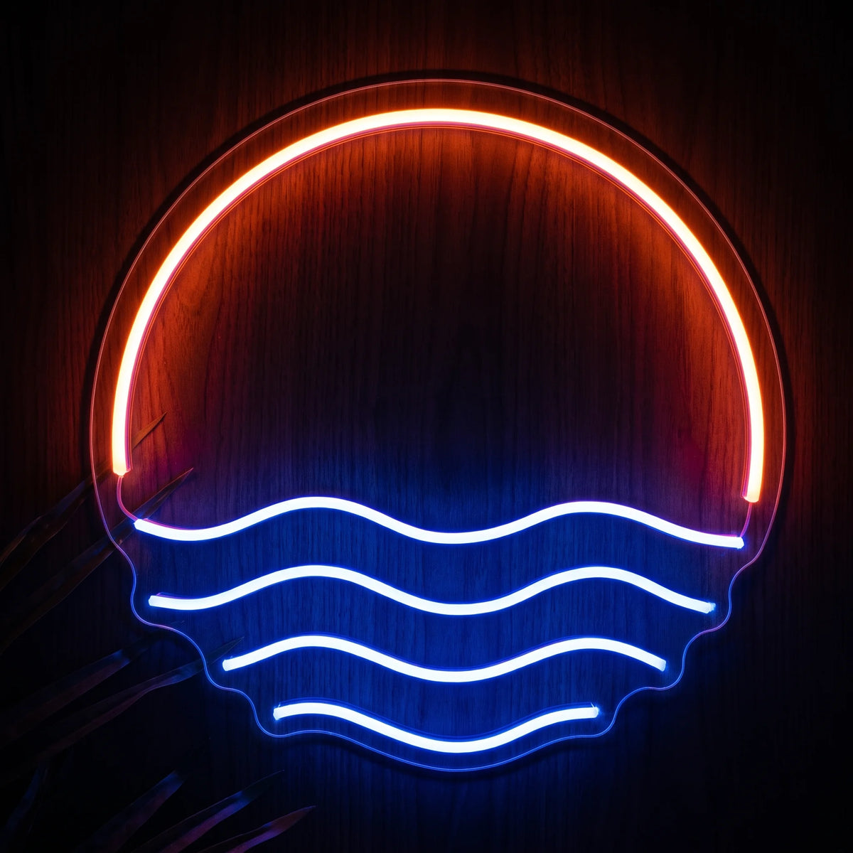 Sunset Ocean Waves LED neon sign with glowing orange sunset above four blue ocean waves.