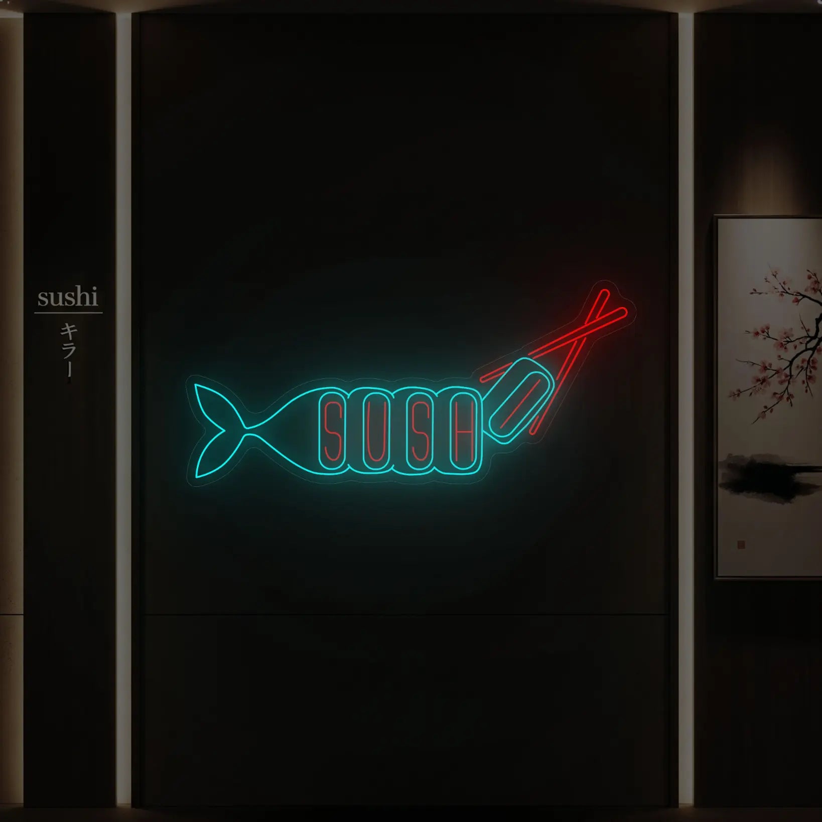 Photo of the 'SUSHI' neon sign glowing in Multi-Color against a styled interior wall.