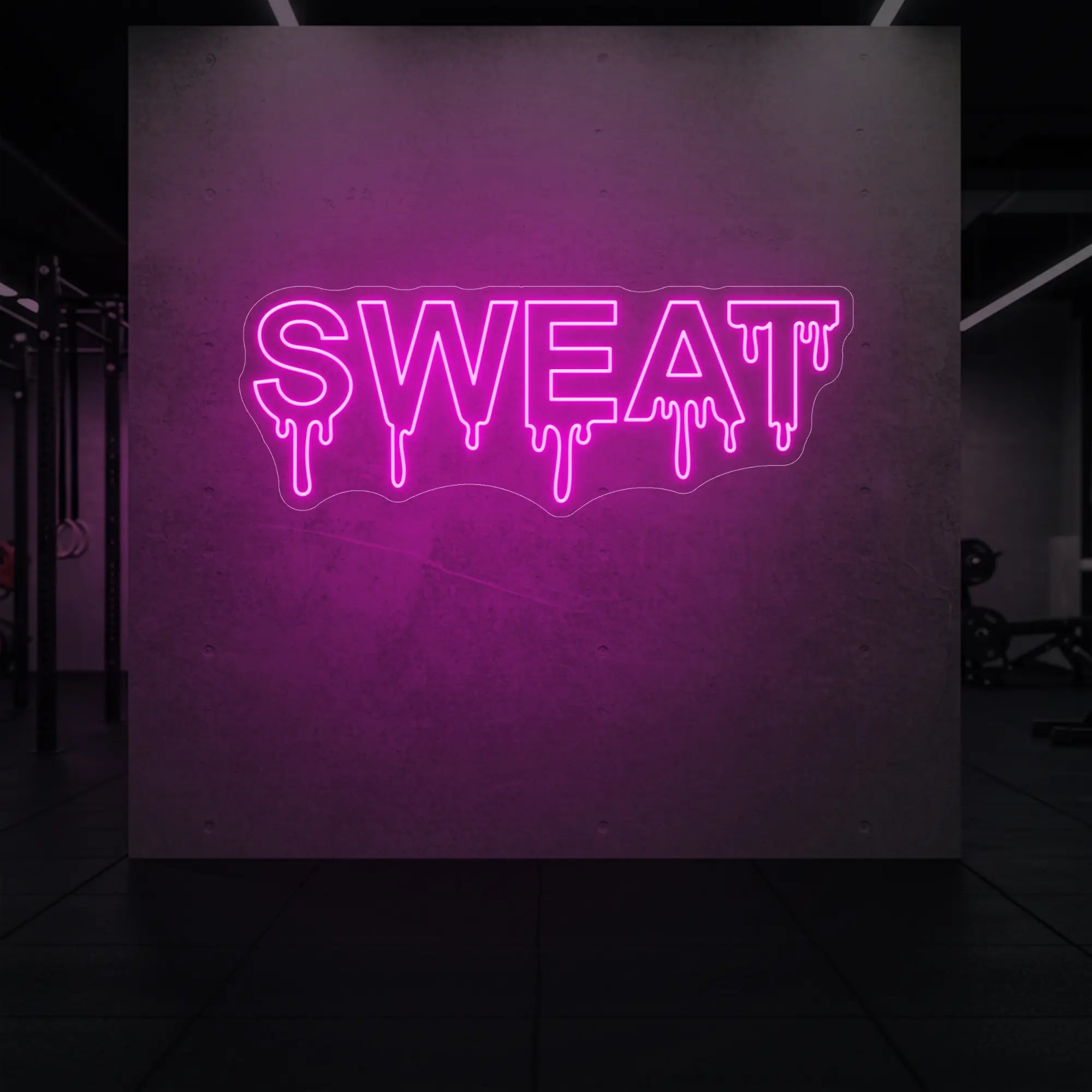 'SWEAT' neon sign glowing in light pink against a styled interior wall.