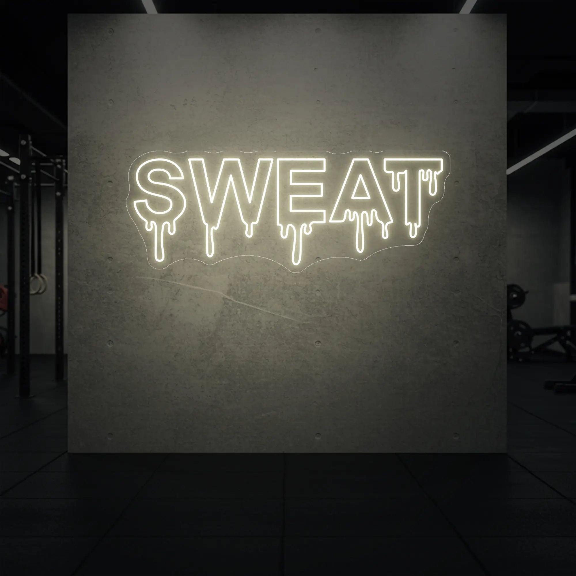 'SWEAT' neon sign glowing in warm white against a styled interior wall.