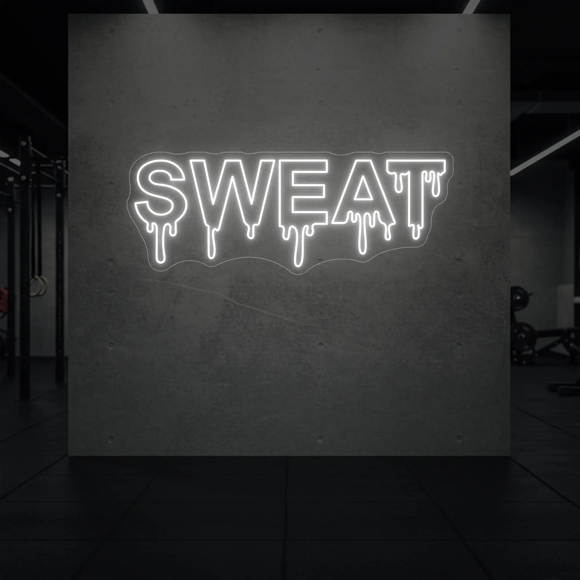 'SWEAT' neon sign glowing in cool white against a styled interior wall.