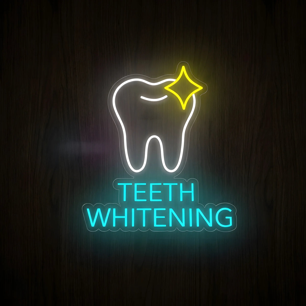 Teeth Whitening Star LED neon sign featuring a cool white tooth outline with a bright yellow sparkle and cyan-blue TEETH WHITENING lettering on clear acrylic backing for cosmetic dental clinic wall decor.
